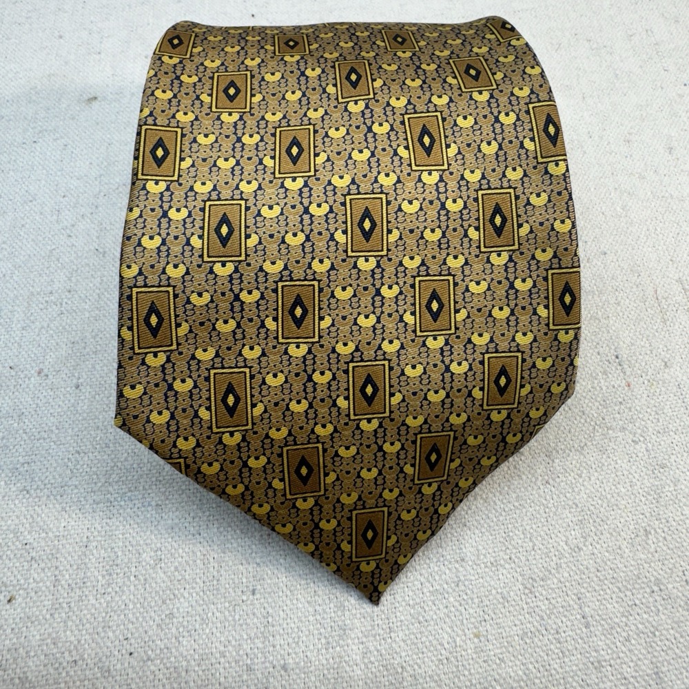 Pierre Balmain Silk Tie Mens OS Gold Navy Geometric Diamond Luxury Italian Made